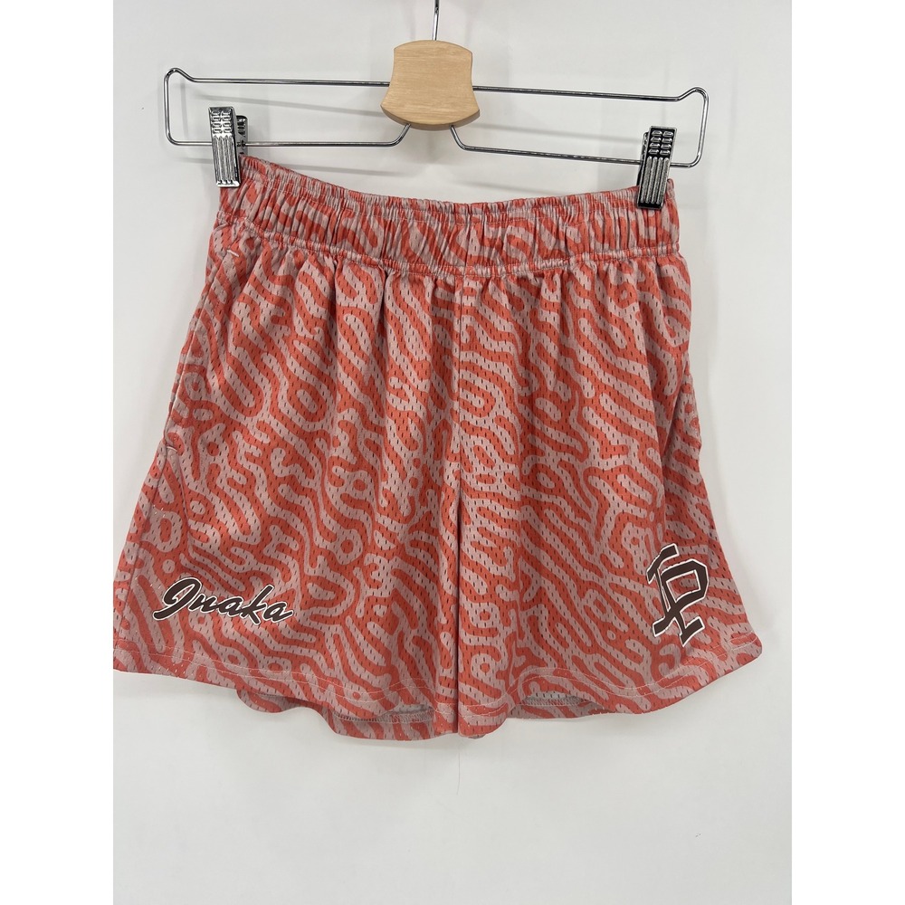 Inaka Power Mens Mesh Shorts Coral Pink Abstract Swirl Logo Athletic Size Small